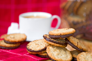 Oatmeal cookies with chocolate and freshly roasted coffee