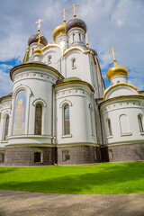 The facade of the Temple of Saint Prince Alexander Nevsky. Knyazhye Lake, Russia