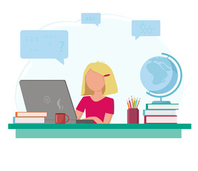 Online education, home schooling. Distance learning: girl studying at a table with a computer and books
