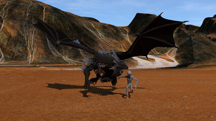 Wide view illustration of a flying dragon attacking a gray alien