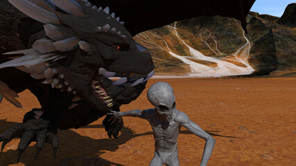 Close view 3d illustration of a large flying dragon attacking a running gray alien on an extraterrestrial world.