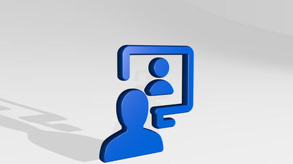 MEETING TEAM MONITOR from a perspective with the shadow. A thick sculpture made of metallic materials of 3D rendering. business and office