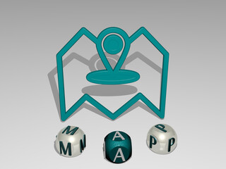 3D illustration of map graphics and text around the icon made by metallic dice letters for the related meanings of the concept and presentations. background and abstract