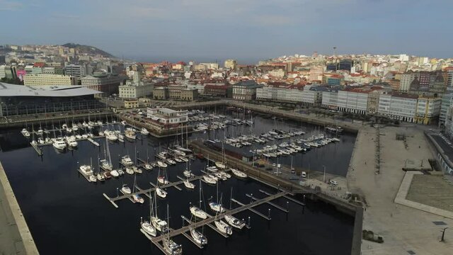 Harbour in A Coruna. Beautiful coastal city in Galicia,Spain. Aerial Drone Footage
