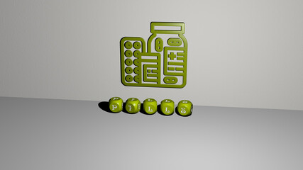 3D representation of PILLS with icon on the wall and text arranged by metallic cubic letters on a mirror floor for concept meaning and slideshow presentation. background and medicine