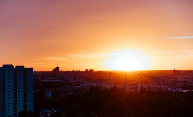 Sunset over city skyline
