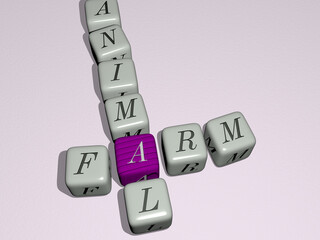 crosswords of farm animal arranged by cubic letters on a mirror floor, concept meaning and presentation. agriculture and background