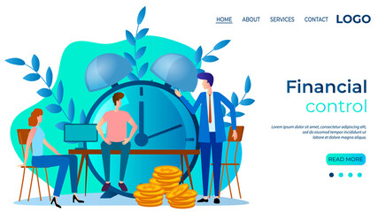 Financial control.Business intelligence.Conducting an audit.Control over the execution time of financial transactions.The template of the landing page.Flat vector illustration.