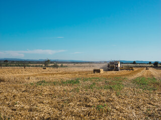 Field with tractor packing the cereal straw, selective approach.