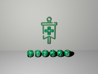 3D illustration of emblem graphics and text made by metallic dice letters for the related meanings of the concept and presentations. design and logo