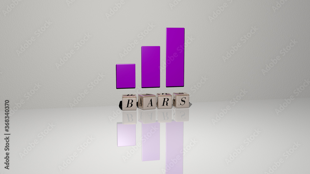 Poster 3d graphical image of bars vertically along with text built by metallic cubic letters from the top p
