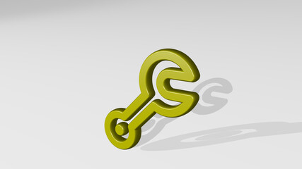 tools wench from a perspective with the shadow. A thick sculpture made of metallic materials of 3D rendering. illustration and background
