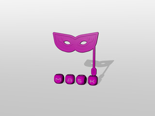 3D representation of MASK with icon on the wall and text arranged by metallic cubic letters on a mirror floor for concept meaning and slideshow presentation. illustration and background