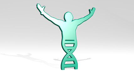 man from DNA stand with shadow. 3D illustration of metallic sculpture over a white background with mild texture. biology and abstract
