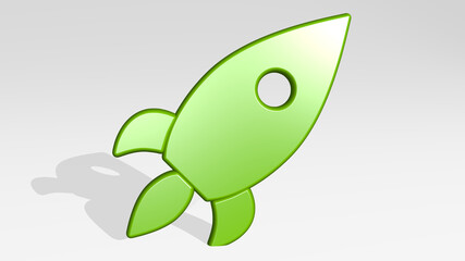 rocket made by 3D illustration of a shiny metallic sculpture with the shadow on light background. space and concept