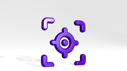 focus frame target stand with shadow. 3D illustration of metallic sculpture over a white background with mild texture. selective and beautiful