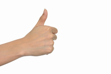 Portrait of hand giving thumbs up against white background