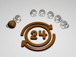 3D illustration of 24 HOURS graphics and text around the icon made by metallic dice letters for the related meanings of the concept and presentations. 24 and editorial