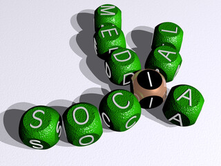 crosswords of SOCIAL MEDIA arranged by cubic letters on a mirror floor, concept meaning and presentation. illustration and background