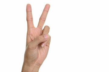Portrait of hand showing peace sign gesture