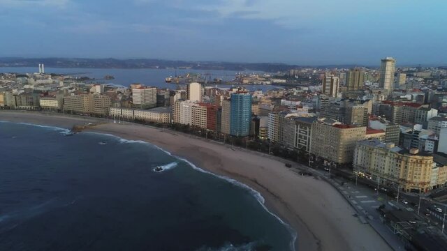 Beach in Riazor. A Coruna. Galicia,Spain. Aerial Drone Footage