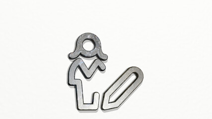 SINGLE WOMAN ACTIONS EDIT made by 3D illustration of a shiny metallic sculpture on a wall with light background. icon and isolated