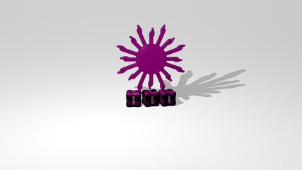 3D representation of sun with icon on the wall and text arranged by metallic cubic letters on a mirror floor for concept meaning and slideshow presentation. background and illustration