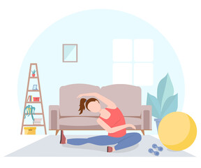 Woman doing physical exercises at home in cozy interior. Vector illustration in flat style