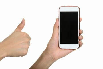 Portrait of hand holding smart phone and giving thumbs up
