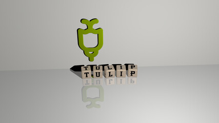 3D representation of tulip with icon on the wall and text arranged by metallic cubic letters on a mirror floor for concept meaning and slideshow presentation. background and flower