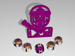 3D illustration of ninja graphics and text around the icon made by metallic dice letters for the related meanings of the concept and presentations. background and character