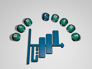 3D graphical image of BAR CHART vertically along with text built around the icon by metallic cubic letters from the top perspective, excellent for the concept presentation and slideshows.