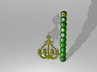 3D illustration of CHANDELIER graphics and text around the icon made by metallic dice letters for the related meanings of the concept and presentations. interior and ceiling