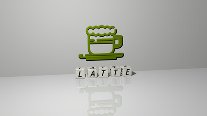 3D representation of latte with icon on the wall and text arranged by metallic cubic letters on a mirror floor for concept meaning and slideshow presentation. coffee and cup