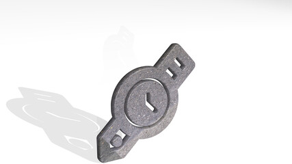 watch time 1 alternate casting shadow from a perspective. A thick sculpture made of metallic materials of 3D rendering. illustration and clock