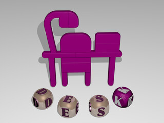 3D illustration of desk graphics and text around the icon made by metallic dice letters for the related meanings of the concept and presentations. business and background