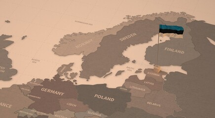 Flag on the map of estonia.
Vintage Map and Flag of European Countries Series 3D Rendering