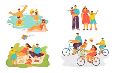 Fototapeta premium Happy family together vector illustration set. Cartoon flat father, mother and daughter or son child character have fun on picnic in park, cycling or swimming. Family love, happiness isolated on white