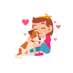 happy cute little kid boy girl play with pet dog