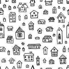 Fototapeta premium Black and white doodle seamless pattern with cute houses. Linear vector graphics.