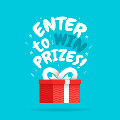 Enter to win prizes gift box. Cartoon style vector illustration.