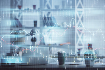 Double exposure of stock market graph drawing and office interior background. Concept of financial analysis.