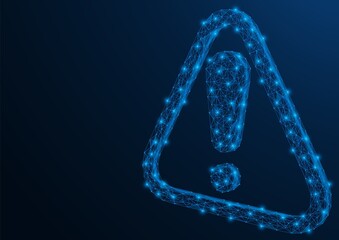 Warning sign. 3D exclamation mark symbol in a triangle. Low-poly construction. Blue background.