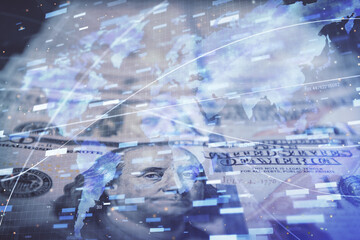 Double exposure of data theme drawing over us dollars bill background. Technology concept.