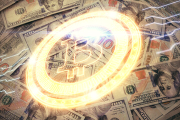 Fototapeta na wymiar Multi exposure of crypto theme drawing over us dollars bill background. Concept of blockchain success.