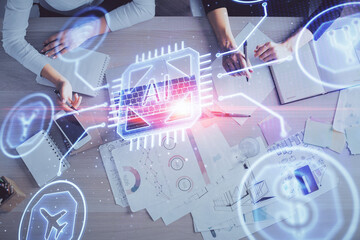 Double exposure of woman hands working on computer and data theme hologram drawing. Top View. Technology concept.