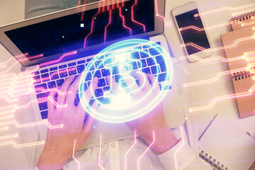 Double exposure of woman hands working on computer and blockchain theme hologram drawing. Top View. bitcoin cryptocurrency concept.