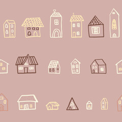 Vector seamless pattern with houses in doodle style. Stylish background for a nursery on a brown background.