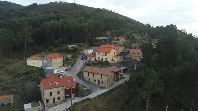 Village with horreo in the coast of Galicia,Spain. Aerial Drone Footage