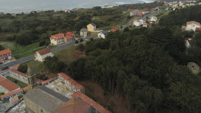 Village with horreo in the coast of Galicia,Spain. Aerial Drone Footage